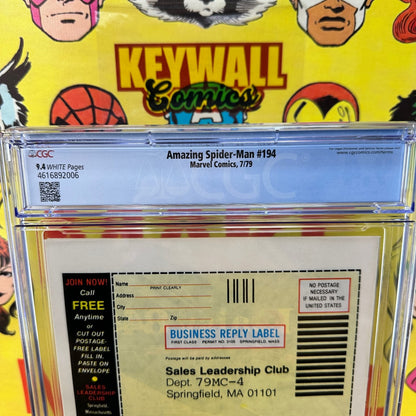 Amazing Spider-Man #194 CGC 9.4 White Pages Black Cat 1979 Marvel