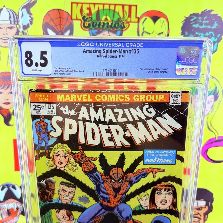 Amazing Spider-Man #135 CGC 8.5 White Pages 2nd Punisher Origin Tarantula 1974